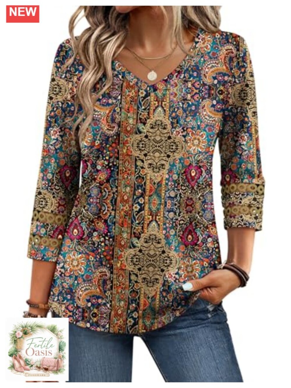 Women's 3/4 Sleeve V-Neck Tunic Blouse Work Casual Top Lace Pleated
